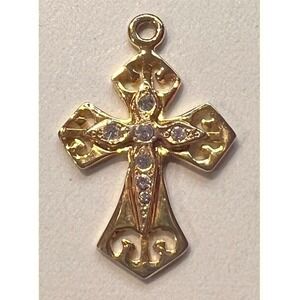 Gold Tone Rhinestone‎ Cross Pendant Ornate Filigree Religious Charm 1.25"